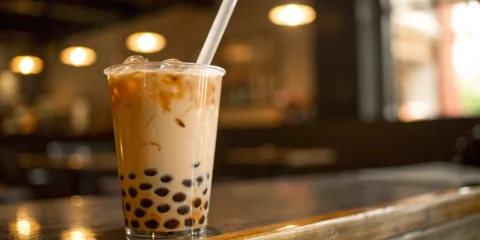 Iced boba milk tea with tapioca pearls.