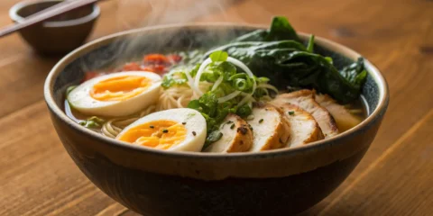 Nutritious ramen bowl with chicken, egg, and greens.