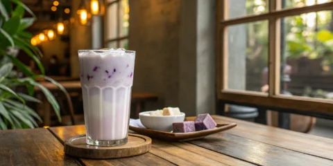 Iced taro milk tea with taro cubes.
