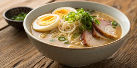 Authentic tonkotsu ramen with chashu, egg, and scallions.