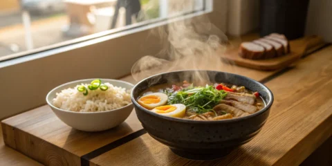 Ramen and rice bowl with egg, meat, and greens.