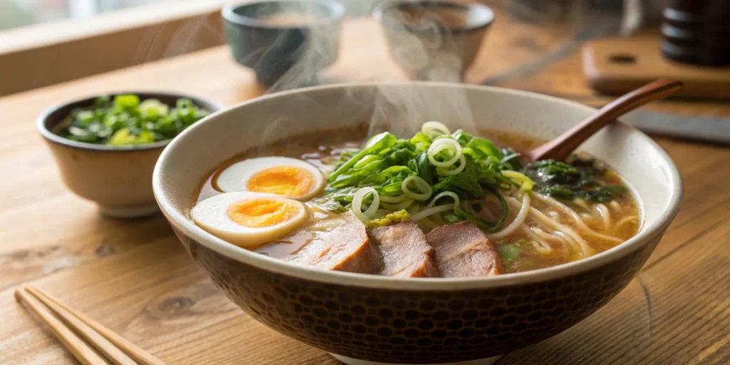 Ramen bowl with pork, egg, and green onions.