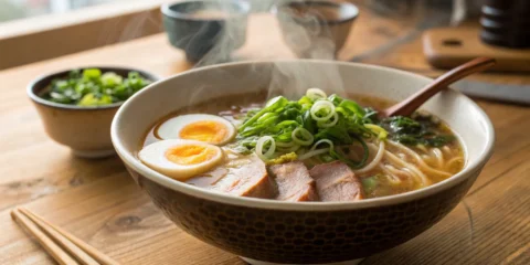 Ramen bowl with pork, egg, and green onions.