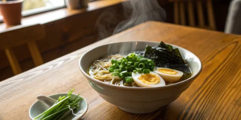 Ramen bowl with egg, green onions, and seaweed.