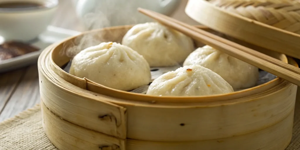Steamed pork bao buns in a bamboo steamer.