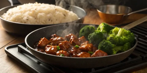 Chicken teriyaki with rice and broccoli.