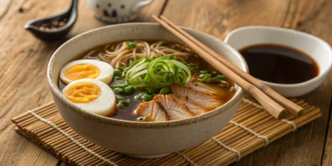 Shoyu ramen with pork, egg, and green onions.