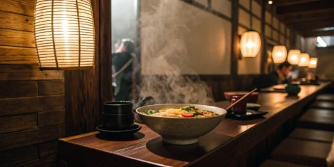 Japanese noodles in a cozy bar.