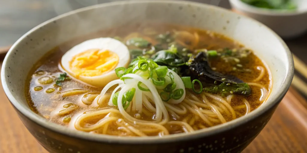 Rich ramen broth with egg, scallions, and seaweed.
