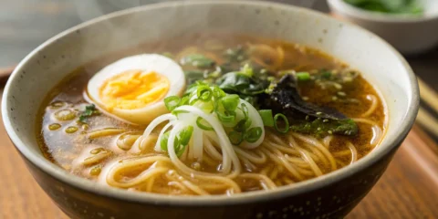 Rich ramen broth with egg, scallions, and seaweed.