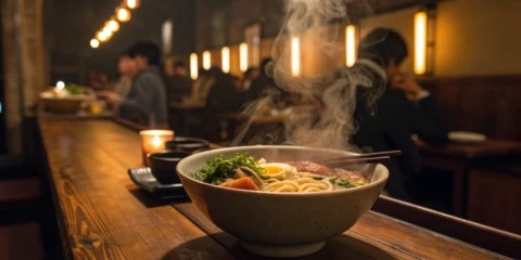 Ramen bowl with egg, vegetables, and chopsticks at a ramen bar.