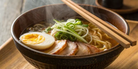 Ramen B bowl with pork, egg, and green onions.