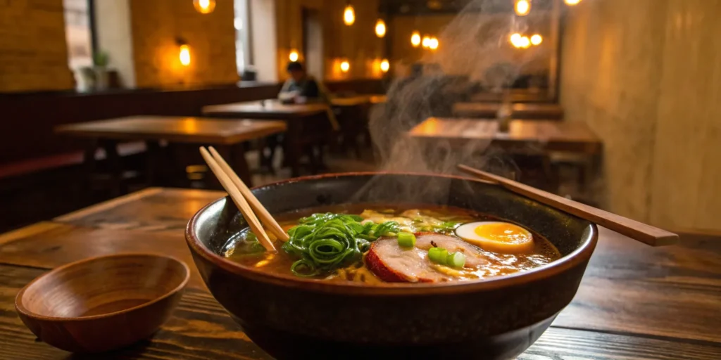 Authentic Japanese ramen with pork, egg, and green onions.