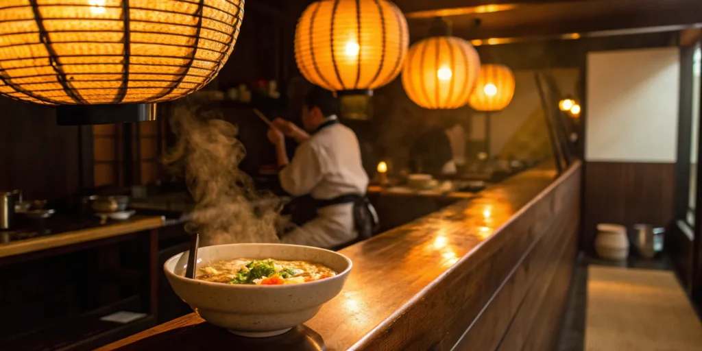 Bar ramen with steaming broth and noodles.