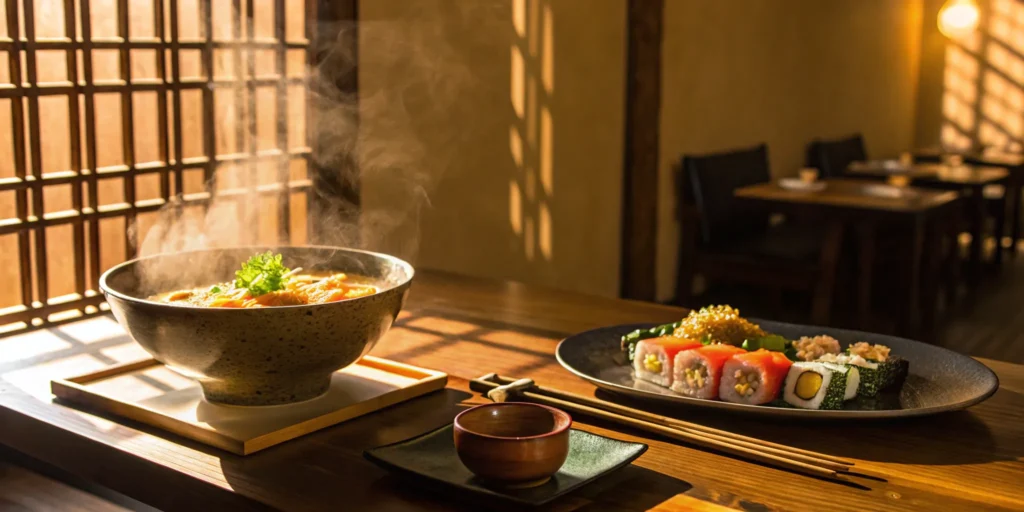 Ramen and sushi on a wooden restaurant table.