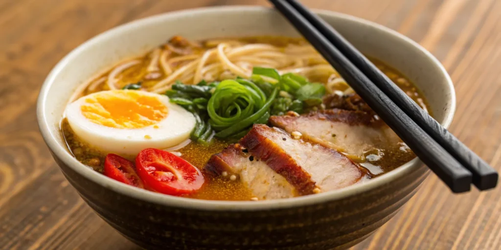 Ramen bowl with pork, egg, noodles, and toppings.