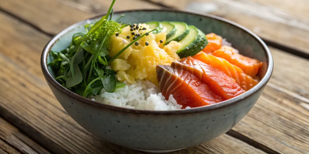 Salmon donburi with rice, cucumber, greens, and egg.