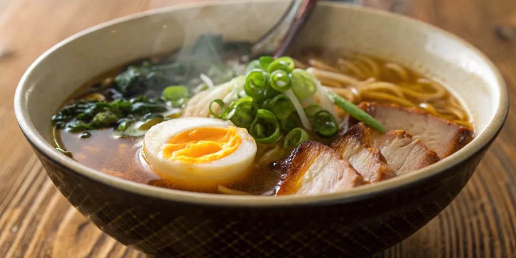Ramen bowl with pork, egg, and green onions.