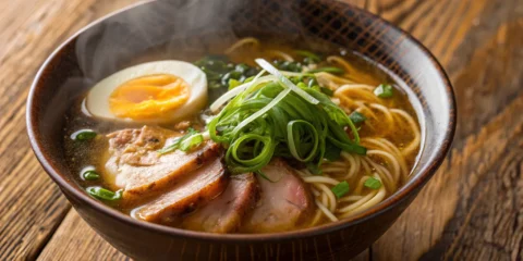 Ramen bowl with pork, egg, green onions, and noodles in broth.