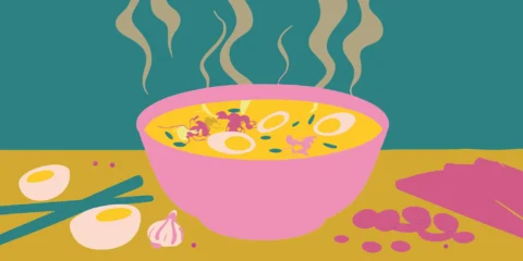 Ramen noodles with egg, green onions, and garlic.