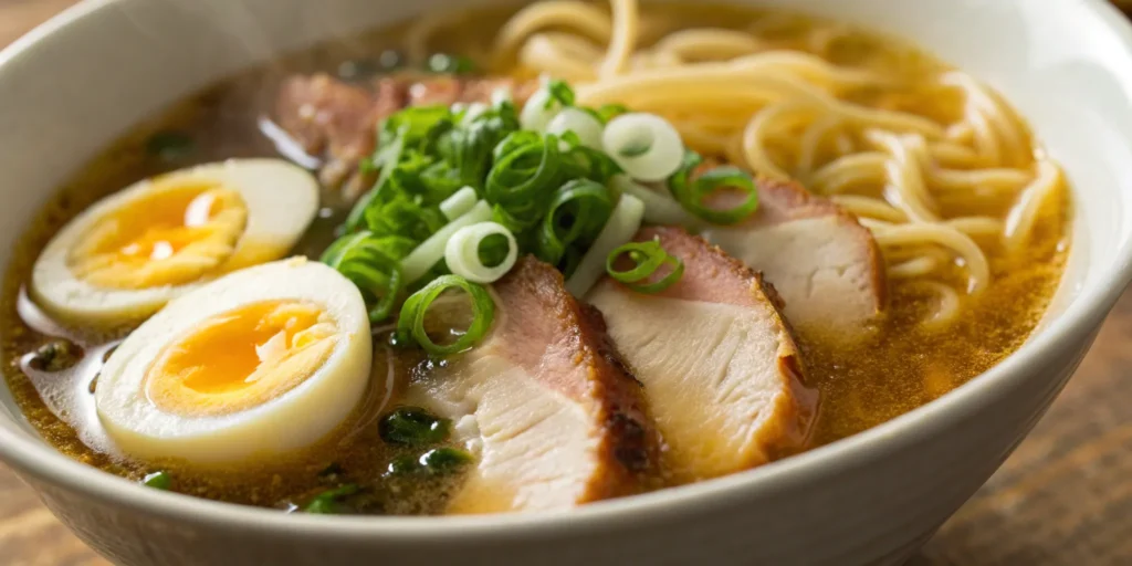 Ramen noodles with pork, egg, and green onions.