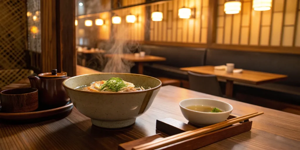 Japanese noodles and tea in a cozy restaurant.