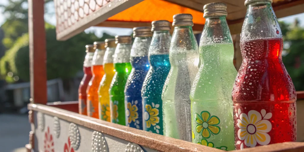 Chilled Japanese Ramune and soda bottles on a sunny day.