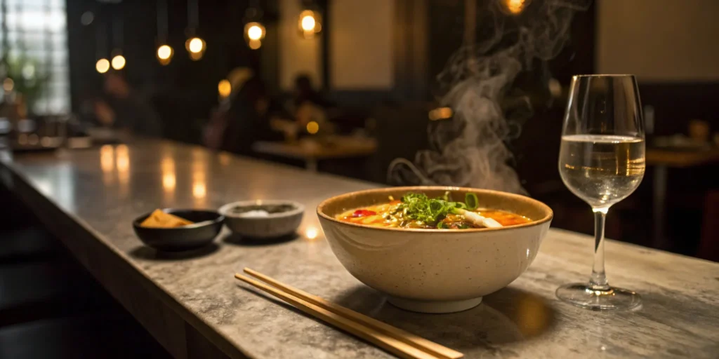 Ramen and a drink at a Nashville ramen bar.