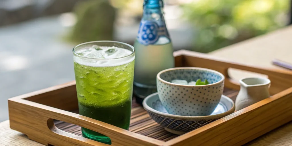 Japanese drinks on a wooden tray.