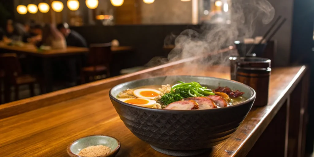 Ramen bowl with egg, pork, and greens at a ramen bar.