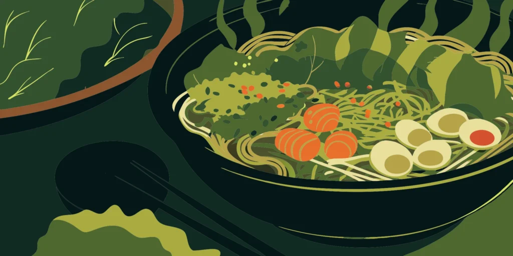 Ramen bowl with egg, veggies, and toppings.