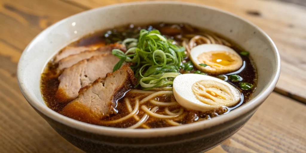Shoyu ramen with chashu, egg, and green onions.