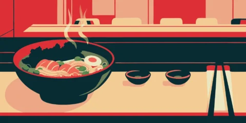 Steaming ramen bowl with toppings, chopsticks, and sides at a ramen bar.