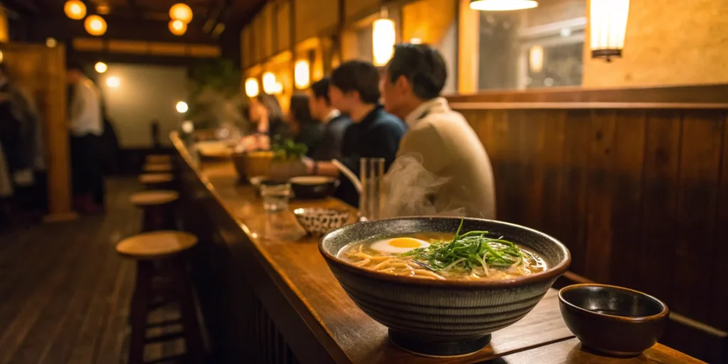 Ramen noodles in a bowl at a busy ramen bar.