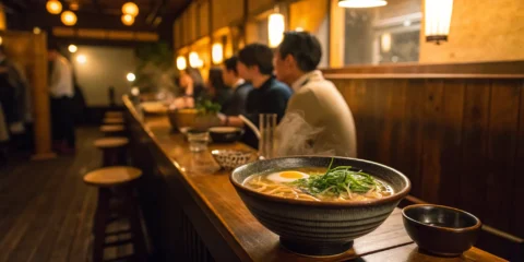 Ramen noodles in a bowl at a busy ramen bar.