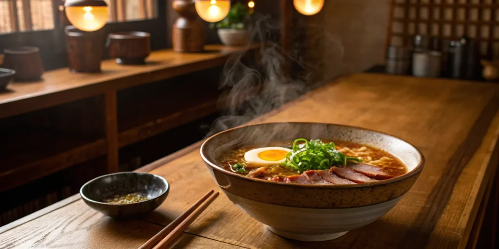 Japanese ramen with pork, egg, and green onions in a bowl.