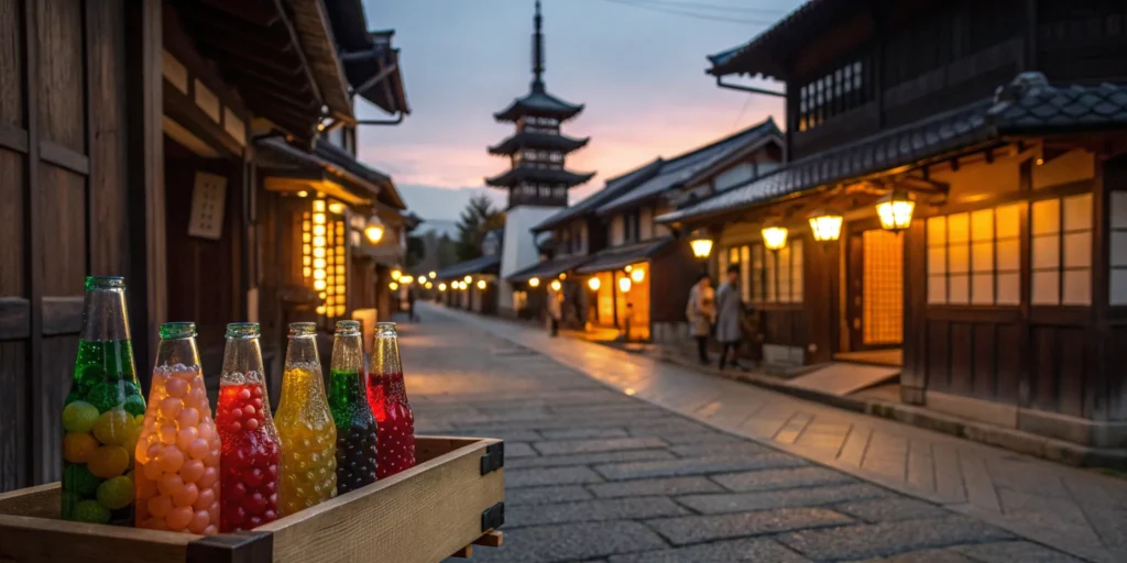 Ramune soda bottles with a Japanese pagoda backdrop.