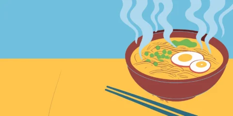 A steaming bowl of ramen with a soft-boiled egg, available when you order ramen online.